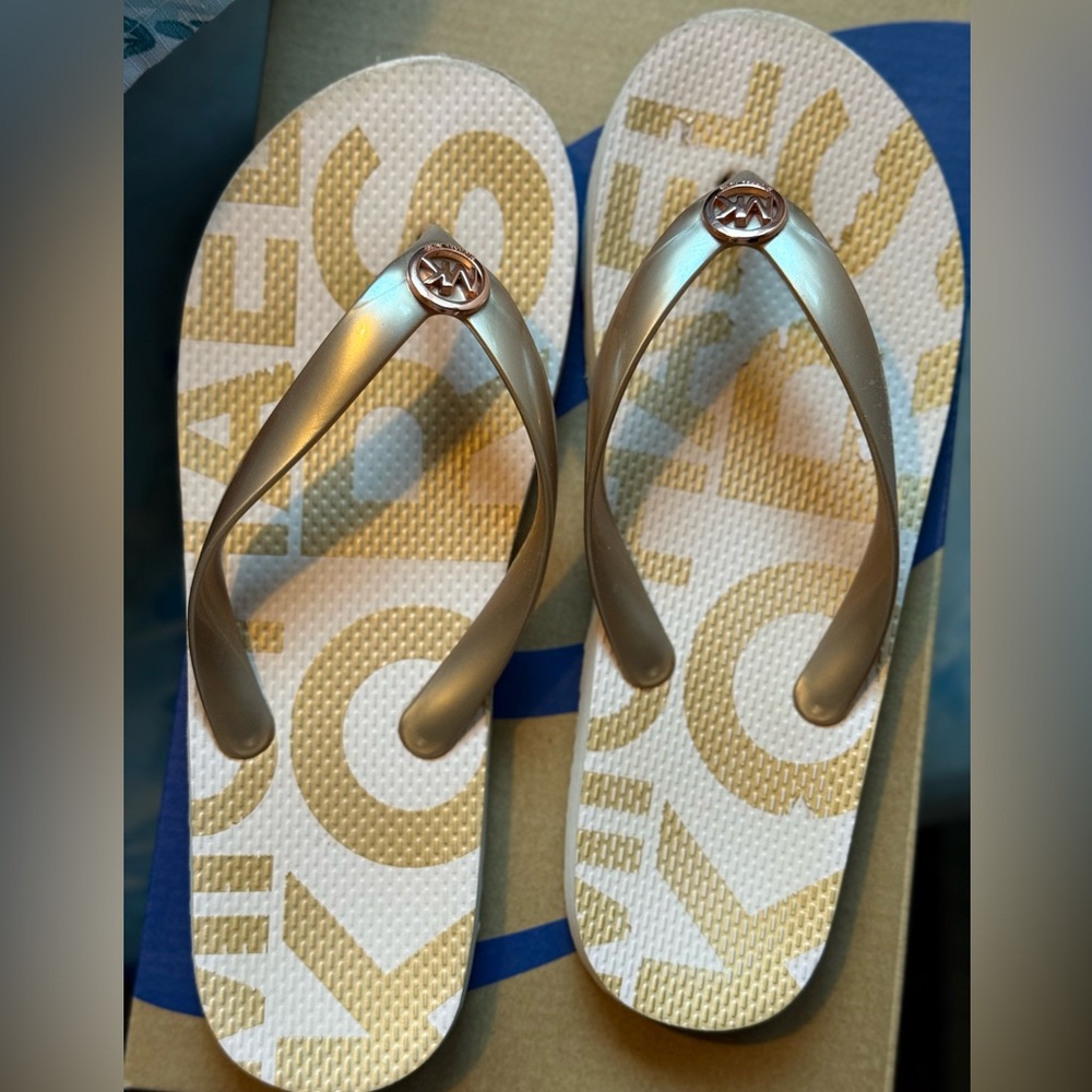 Michael Kors Gold and White Flip Flops